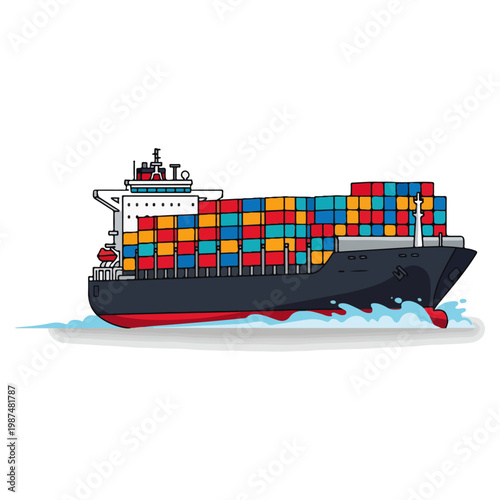 Colorful Cargo Container Ship Flat Vector Illustration