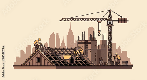 Construction Builders Working On Infrastructure With Crane And Urban City Background.