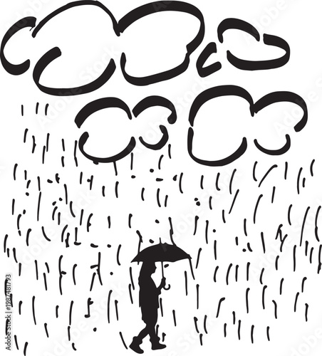 vector,silhouette Illustration made with a marker and the silhouette of a real people holding an umbrella standing on a rainy day