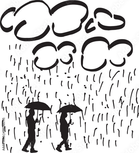 vector,silhouette Illustration made with a marker and the silhouette of a real people holding an umbrella standing on a rainy day