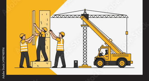Construction Crew and Building Crane in Action, Vector Illustration Style, Working Together
