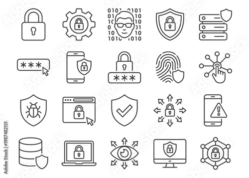 Advanced Cyber Security and Authentication Icon Set Vector with Encryption Biometric and Network Protection Symbols