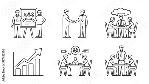 Canvas Print Modern Business Teamwork Line Icon Set  Collaboration, Leadership, and Office St