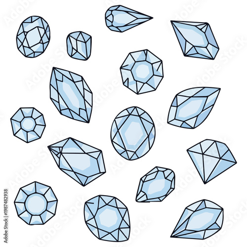 hand drawn assorted diamond gemstone vector illustration set