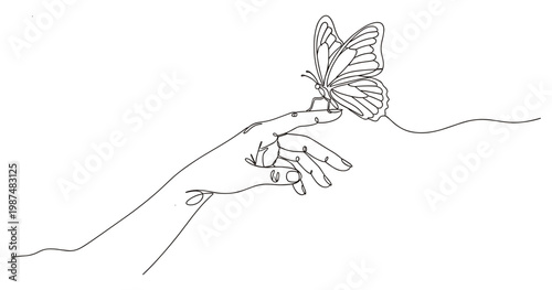 Continuous line drawing of hand with butterfly on finger, delicate natural beauty.