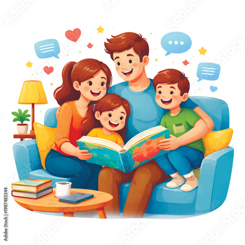 Happy family reading together on a couch, vector illustration. Father, mother, daughter, and son with a book, floating hearts, and speech bubbles. Cozy home education and storytelling time scene.