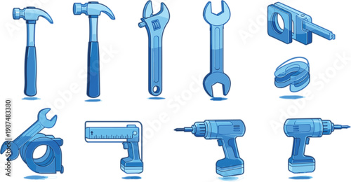Hand tools and hardware vector illustration set featuring hammer, wrench, drill, measuring tape and construction equipment in clean blue style