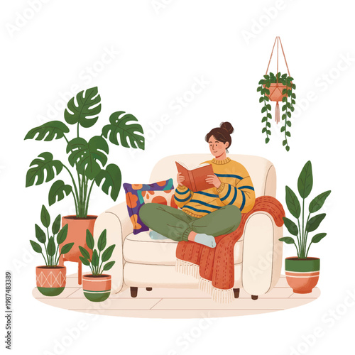 Young woman reading a book in a cozy armchair surrounded by indoor plants. Flat vector illustration of a relaxing home hobby, hygge lifestyle, and urban jungle interior design.