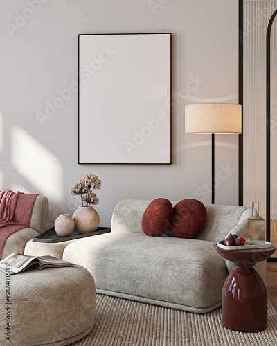 Modern Living Room Poster Frame Mockup with Natural Light and Minimalist Decoration. 3D render.