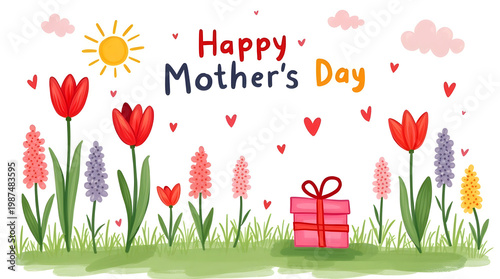 Happy Mother's Day cute childlike AI illustration with flowers hearts sun and gift box, colorful spring greeting card design with copy space, playful kids style drawing isolated on light background