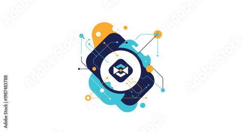 Abstract digital camera icon with circuit lines and colorful shapes