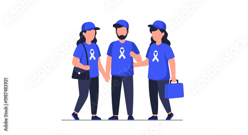 Diverse Volunteers Wearing Blue T-Shirts and Caps Supporting Awareness Campaign