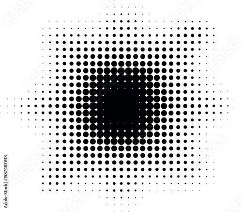 Black and white halftone dot pattern with dense center gradient for design backgrounds