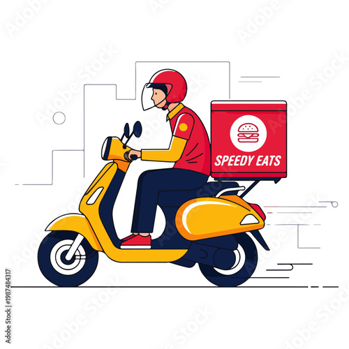 speedy food delivery courier on yellow scooter flat vector illustration