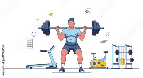 Athletic man performing barbell squats in a modern gym