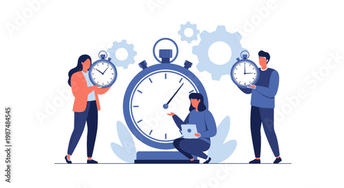 Team Collaborating with Large Stopwatch and Gears for Time Management
