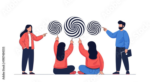 Group of People Activating Mind Power with Spinning Spiral Symbols