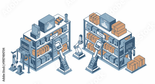 Automated isometric warehouse with industrial robots and storage boxes