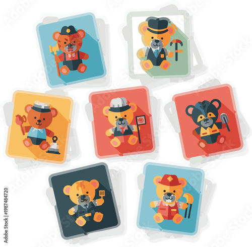 Cute animal playing cards set with colorful backgrounds cartoon characters in different costumes fun kids game vector illustration collection isolated
