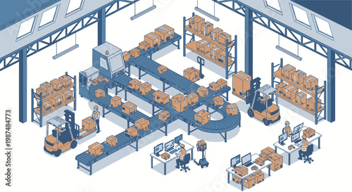 Automated logistics warehouse with conveyor belts and forklifts