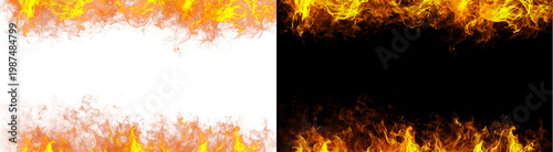Bild auf Leinwand PNG image of Vibrant, energetic orange and yellow flames blaze intensely across the top and bottom edges, creating a dynamic fiery border on transparent background
