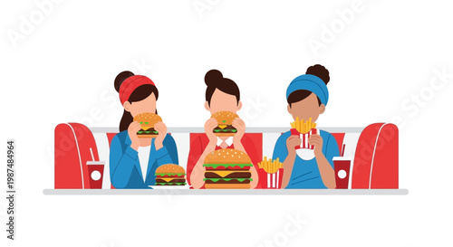 Women Enjoying Fast Food Burgers and Fries at Diner