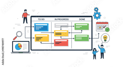 Agile project management kanban board with business workflow icons