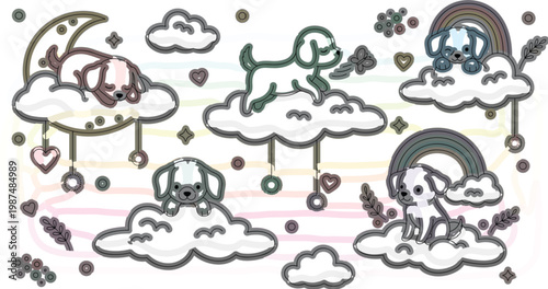 Cute dog fantasy illustration with puppies on clouds, moon and rainbow elements, dreamy vector scene for kids design, nursery decor, stickers and playful themes