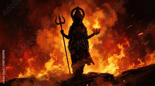 Fierce Goddess Durga Standing Amidst Raging Fire and Smoke