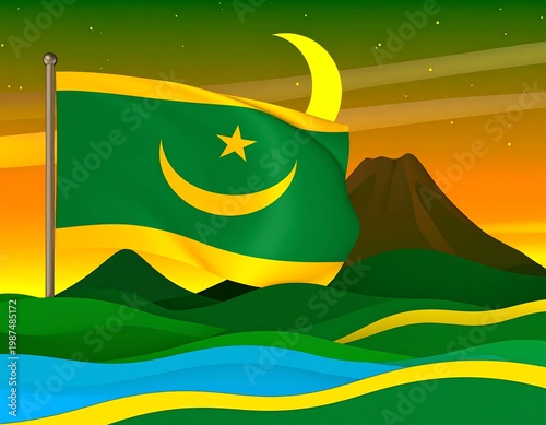 A flag waving over a landscape at night, with a crescent moon and star, and a volcano in the background