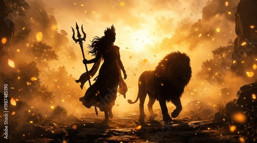 Goddess Durga and Lion Walking through Golden Mist at Sunset