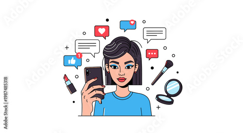 Beauty influencer using smartphone with social media and makeup icons