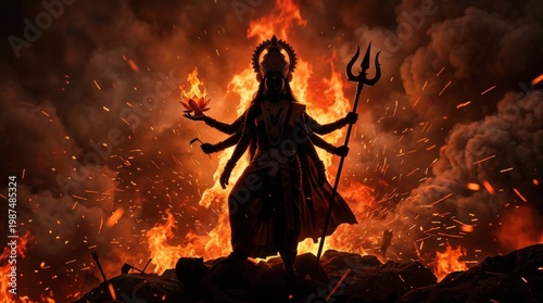 Hindu Goddess Durga with Multiple Arms in a Fiery Backdrop