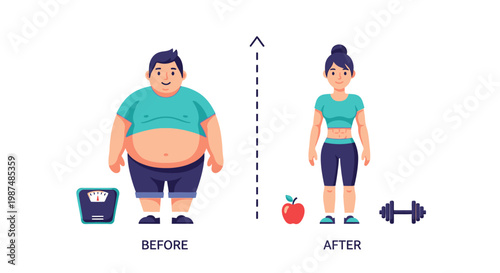 Before and after weight loss transformation comparison with fitness icons