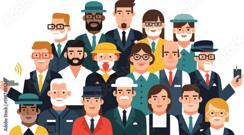 Diverse professional people group illustration with different occupations and characters, modern vector design for teamwork, business, workforce and community representation concepts
