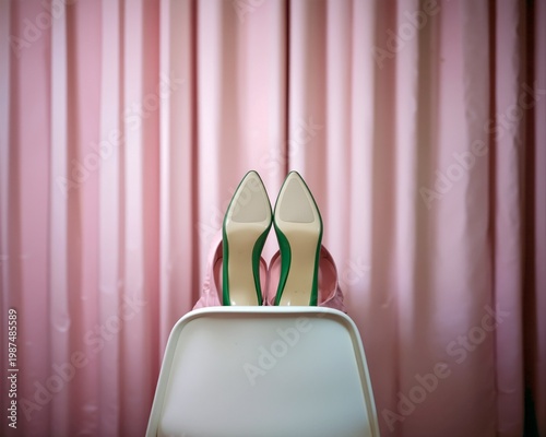 Elegant high heels placed on a chair against soft pink curtains, minimalist fashion still life, pastel tones, stylish composition and modern feminine aesthetic.