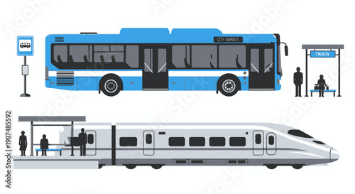 Blue city bus and high speed train at station platforms