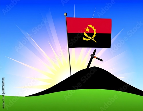 A flagpole with a flag of Angola atop a hill, sunrise background
