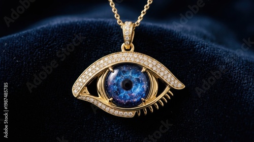 Luxury Evil Eye Pendant with Blue Stones on Blue Velvet