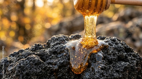 Pure Organic Honey Pouring onto a Dark Rock Surface