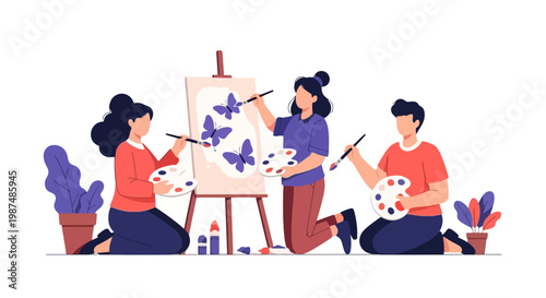 Group of people painting butterflies on an easel in a cozy studio setting