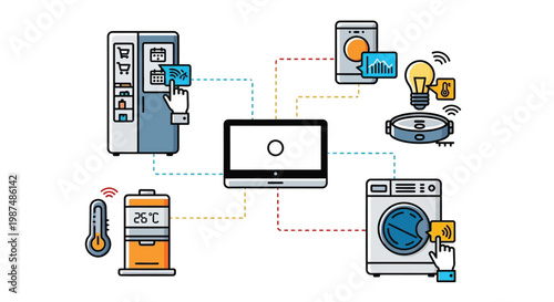 Modern smart home ecosystem vector illustration with interconnected internet of things appliances and devices for automation