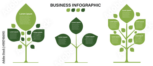 Green business infographic tree template. Growth concept and data visualization elements. Timeline template for business presentation. Vector illustration.