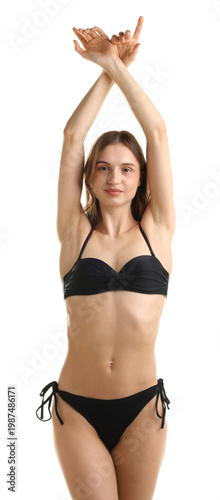 Cuadro en lienzo Beautiful woman wearing stylish swimsuit on white background
