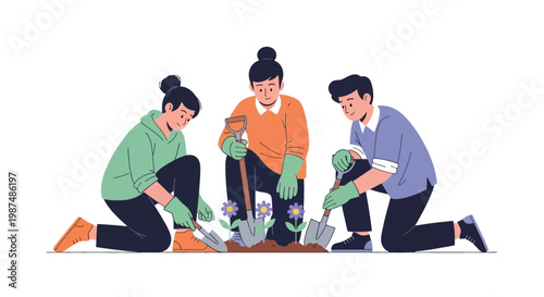 Group of People Gardening and Planting Flowers Together