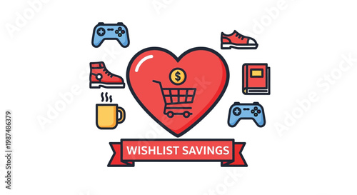 Colorful vector illustration showing a heart shape containing a shopping cart for online wishlist savings concepts