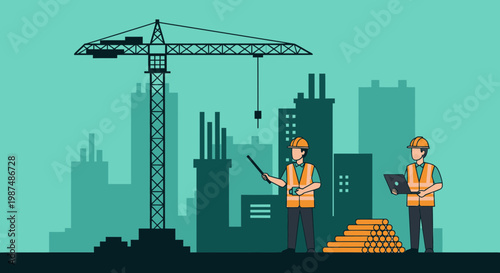 Construction Crew and Crane Operating in Urban Metropolis Setting to Complete a Project