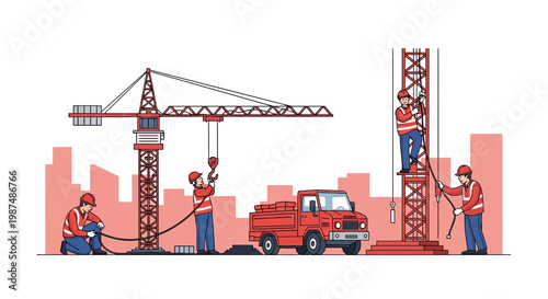 Construction Crew and Crane Working Together Building a New Structure Seamlessly