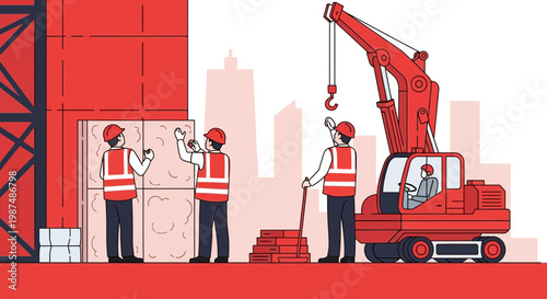 Construction Crew and Crane Working Together on a Building in Urban Environment