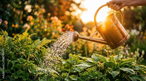 Hands Watering Lush Green Garden Plants with Golden Watering Can